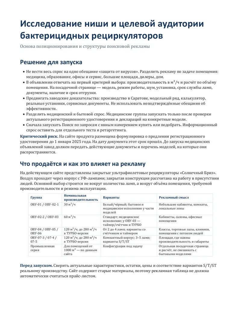 Первая страница исследования ниши и целевой аудитории рециркуляторов