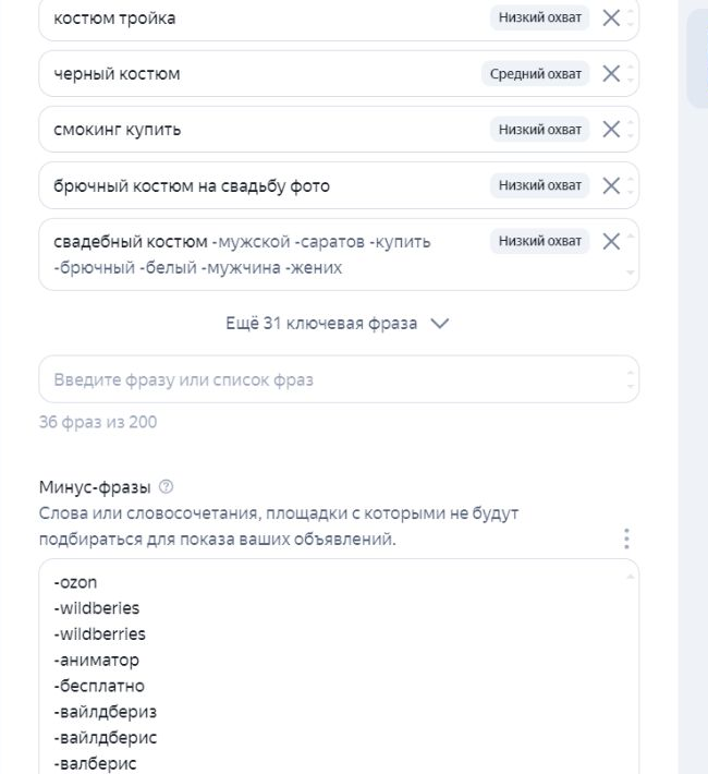 Настройки ключевых и минус-фраз свадебной кампании SINATRA