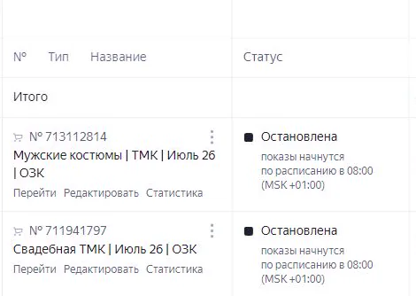 Две товарные кампании SINATRA сезона 2026 в интерфейсе Яндекс Директа